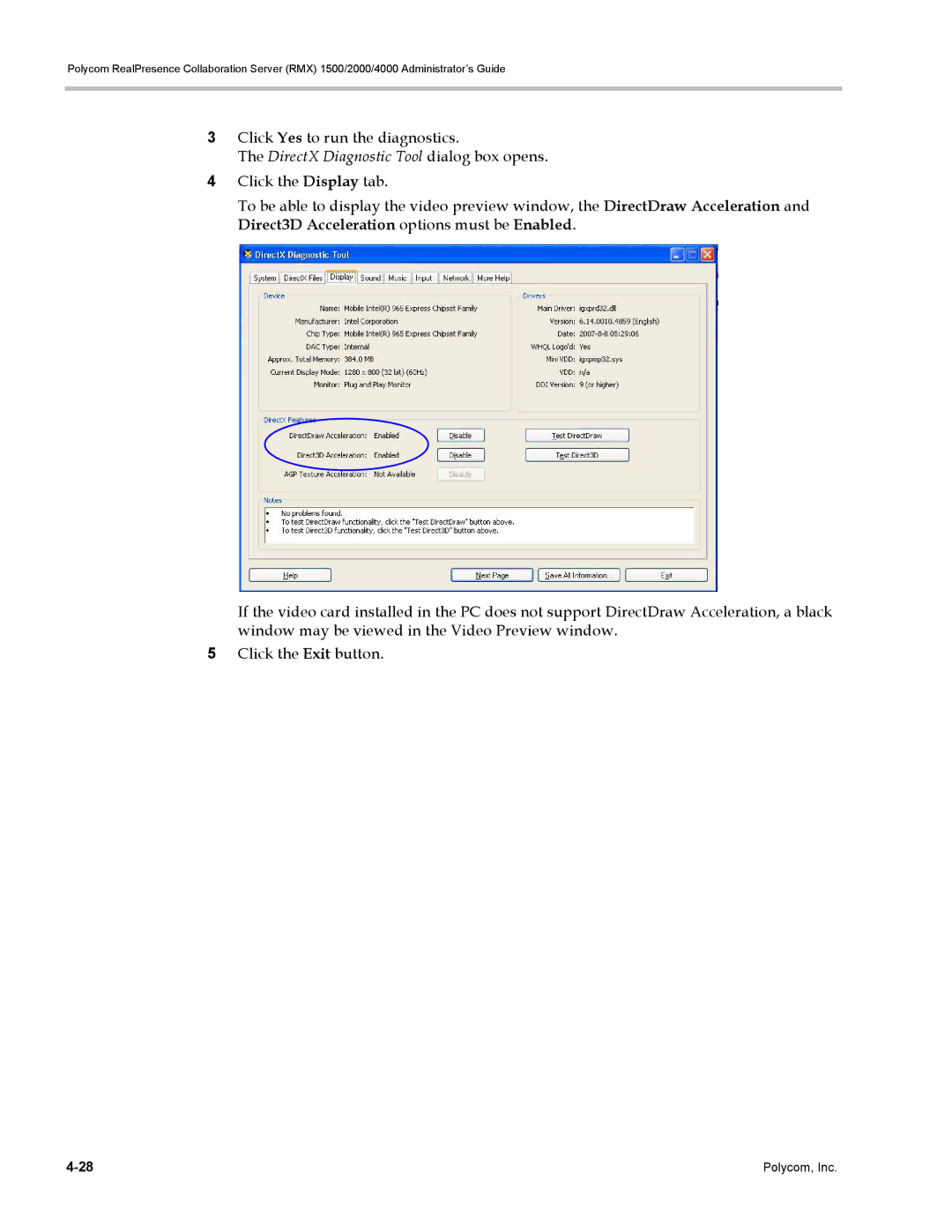 Polycom RMX 1500, DOC2702A manual Click Yes to run the diagnostics, DirectX Diagnostic Tool dialog box opens 