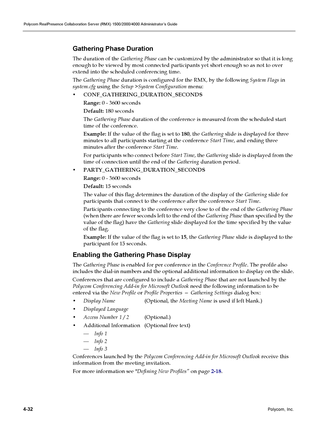 Polycom RMX 1500, DOC2702A manual Gathering Phase Duration, Enabling the Gathering Phase Display, Display Name, Info 