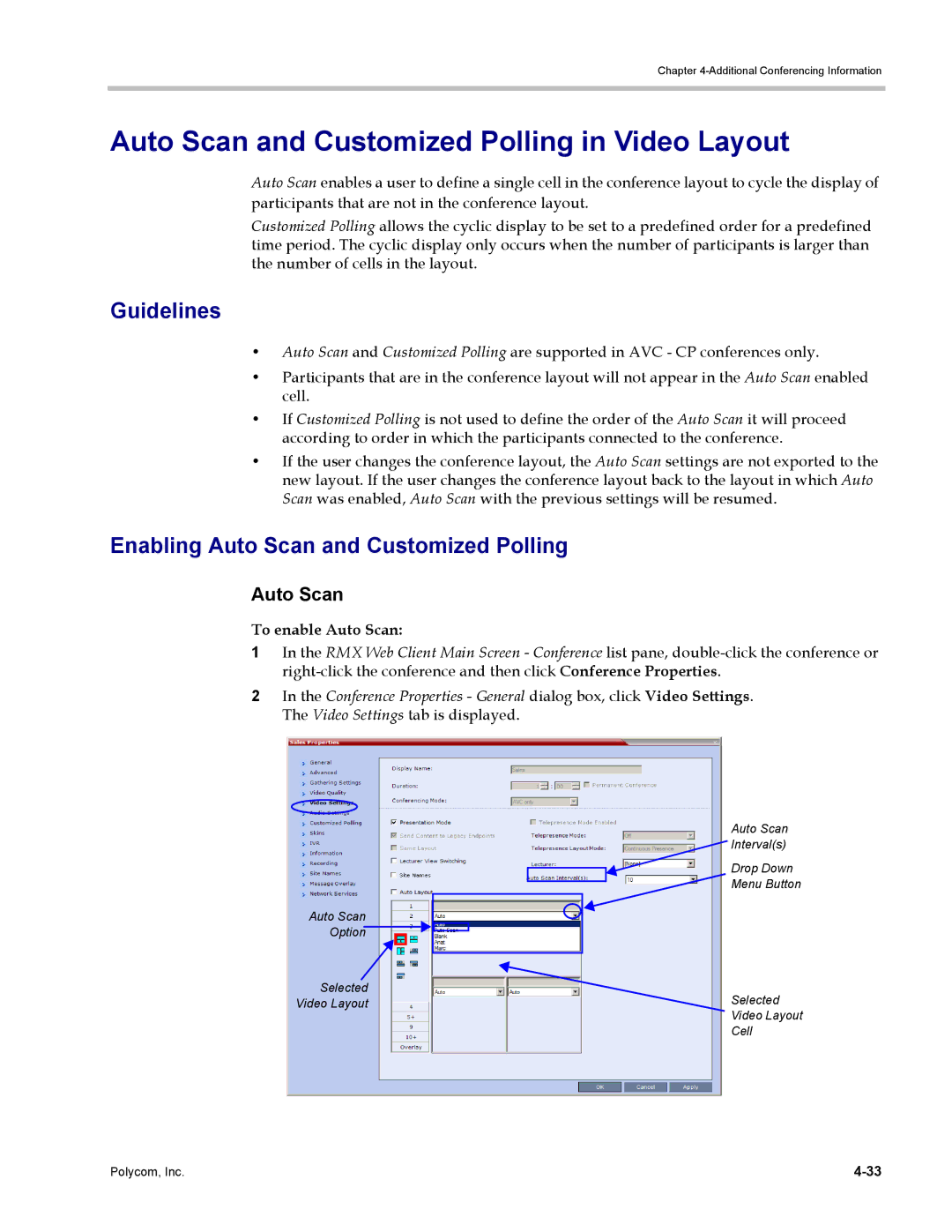 Polycom DOC2702A, RMX 1500 Auto Scan and Customized Polling in Video Layout, Enabling Auto Scan and Customized Polling 