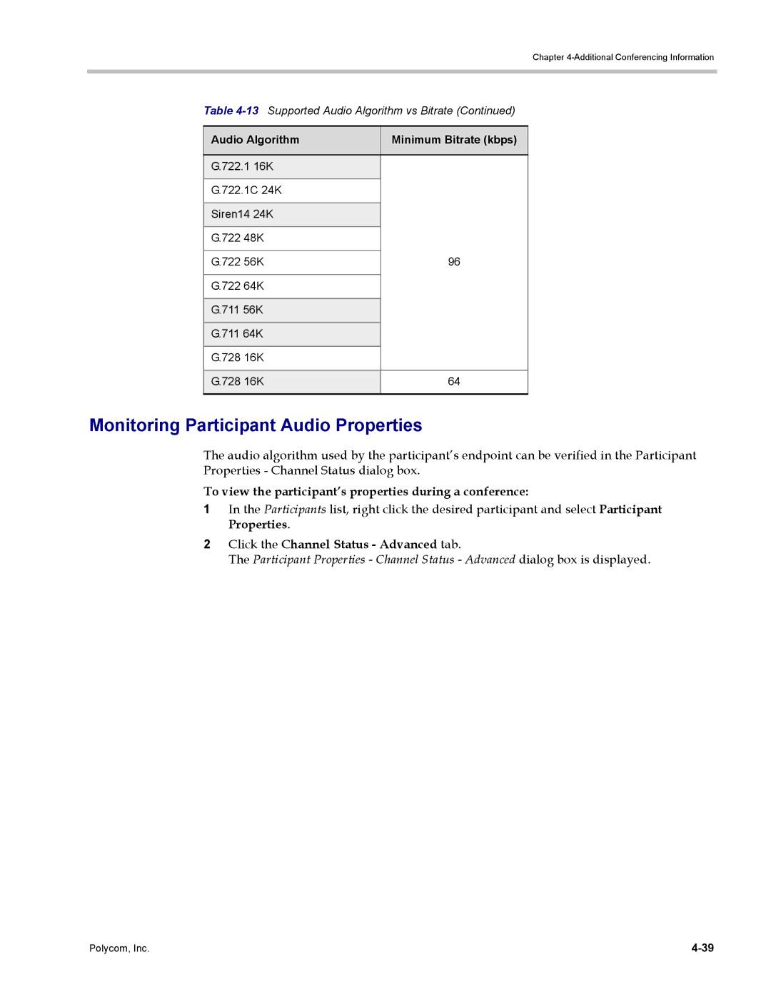 Polycom DOC2702A manual Monitoring Participant Audio Properties, To view the participant’s properties during a conference 