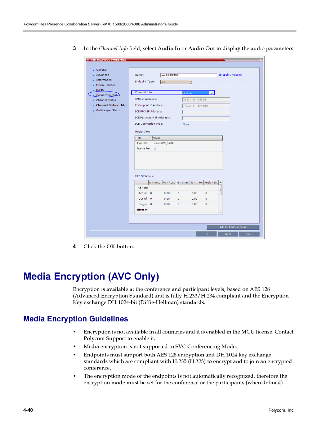 Polycom RMX 1500, DOC2702A manual Media Encryption AVC Only, Media Encryption Guidelines 