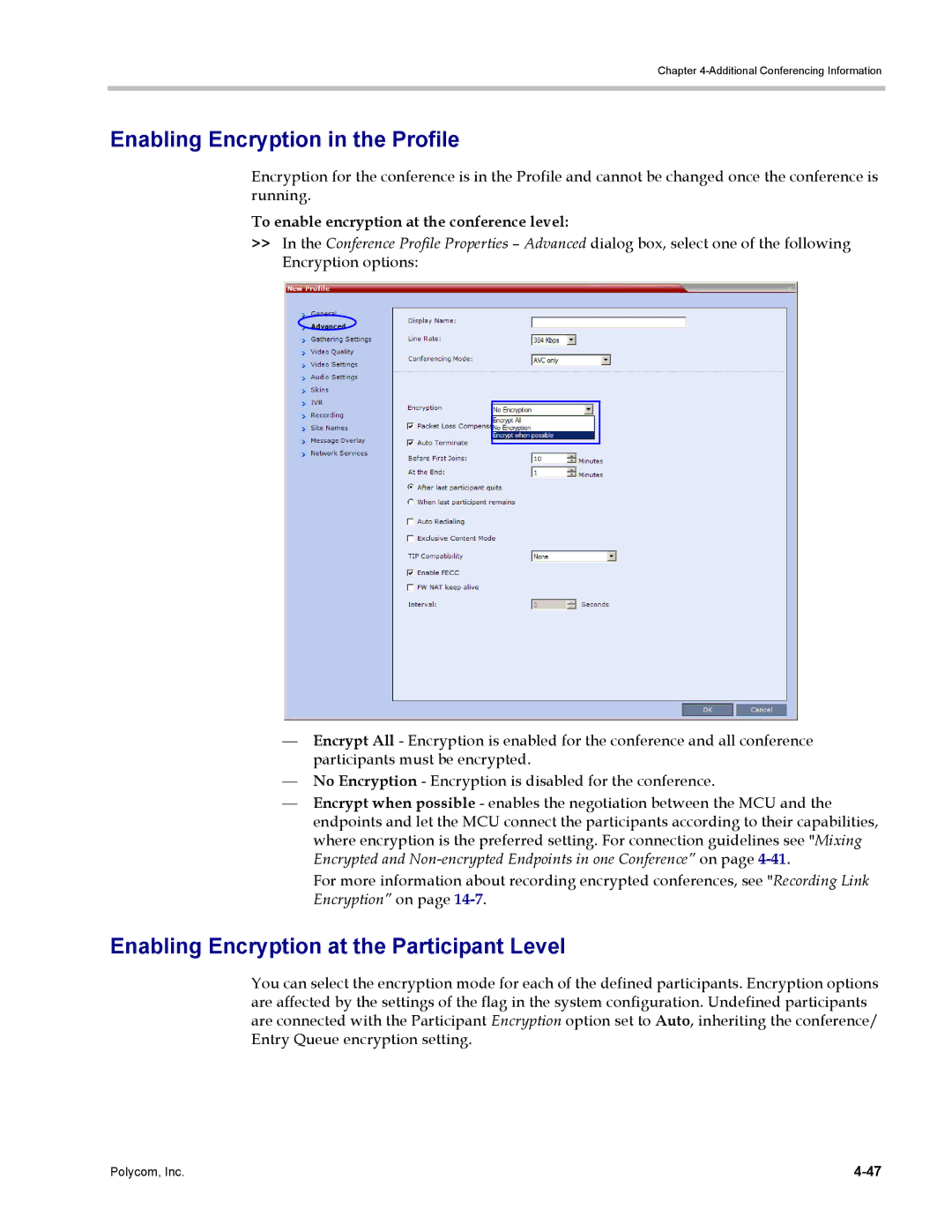 Polycom DOC2702A, RMX 1500 manual Enabling Encryption in the Profile, Enabling Encryption at the Participant Level 