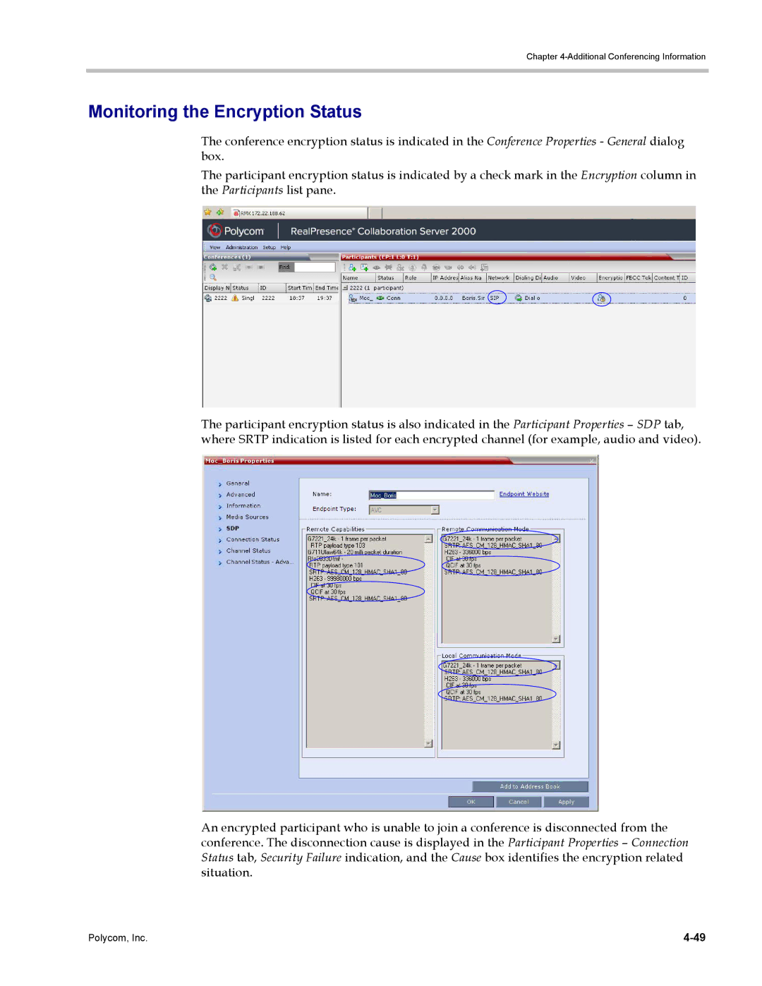 Polycom DOC2702A, RMX 1500 manual Monitoring the Encryption Status 