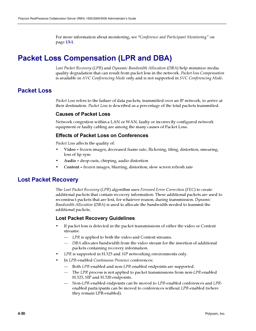 Polycom RMX 1500, DOC2702A manual Packet Loss Compensation LPR and DBA, Lost Packet Recovery 