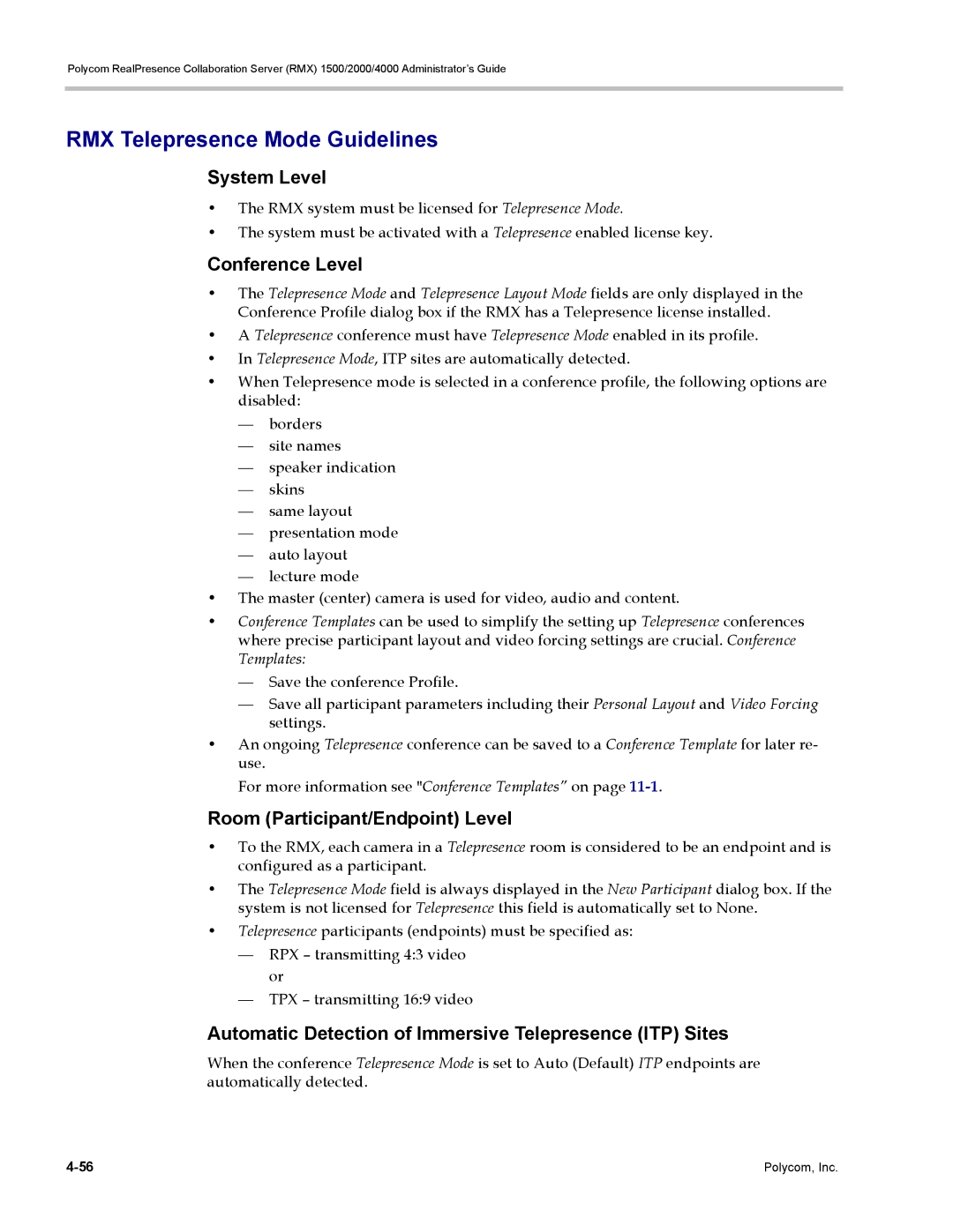 Polycom RMX 1500 manual RMX Telepresence Mode Guidelines, System Level, Conference Level, Room Participant/Endpoint Level 