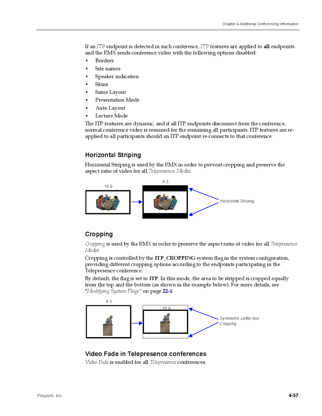 Polycom DOC2702A, RMX 1500 manual Horizontal Striping, Cropping, Video Fade in Telepresence conferences 