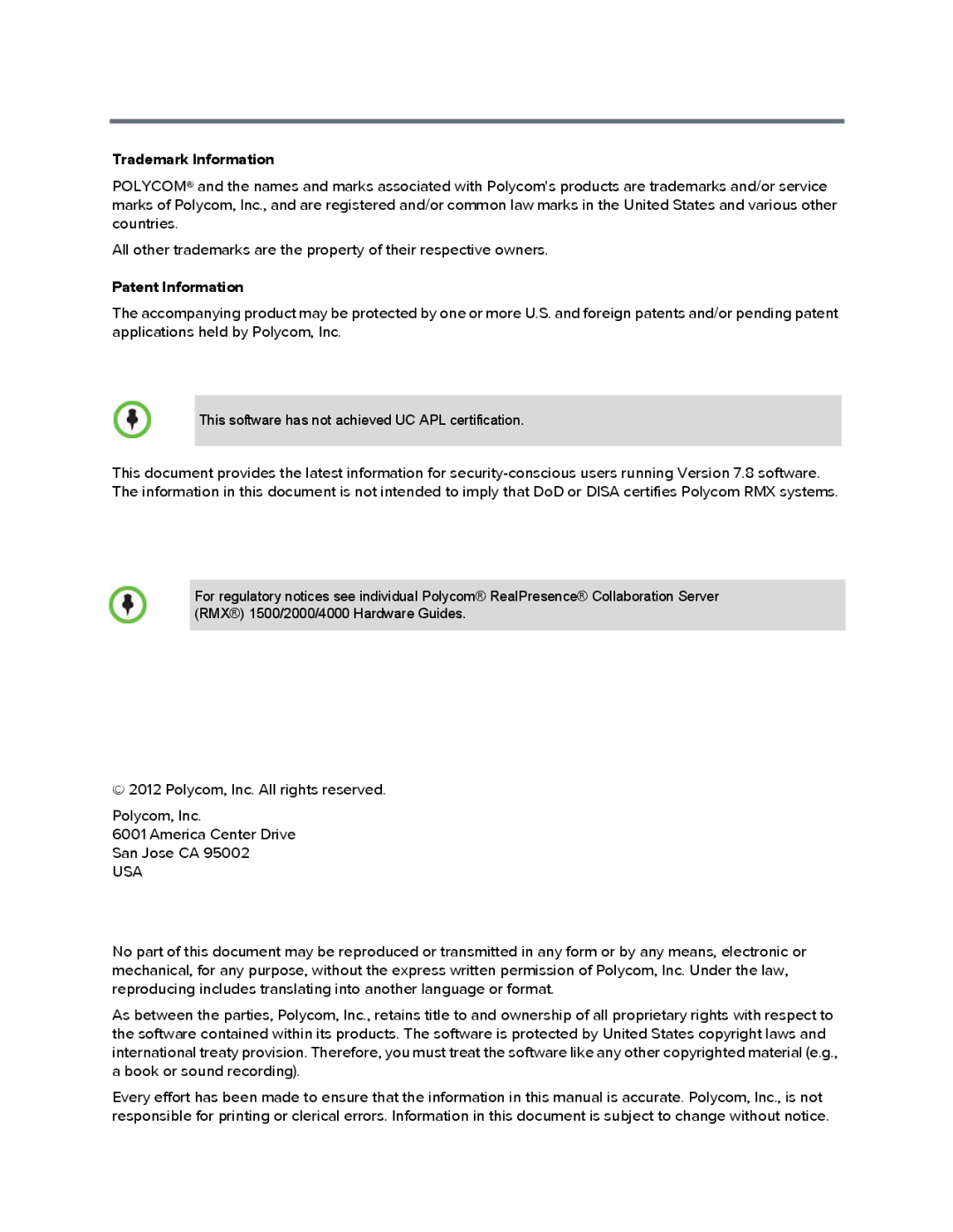 Polycom RMX 1500, DOC2702A manual Trademark Information 