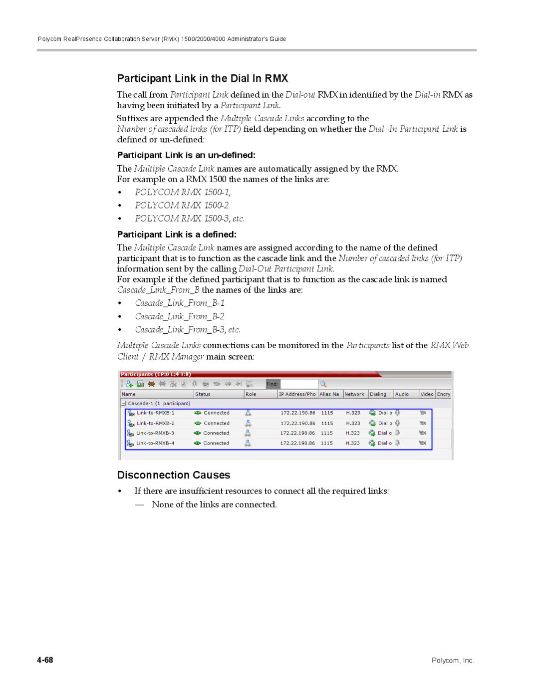 Polycom DOC2702A manual Participant Link in the Dial In RMX, Disconnection Causes, Polycom RMX Polycom RMX 1500-3, etc 