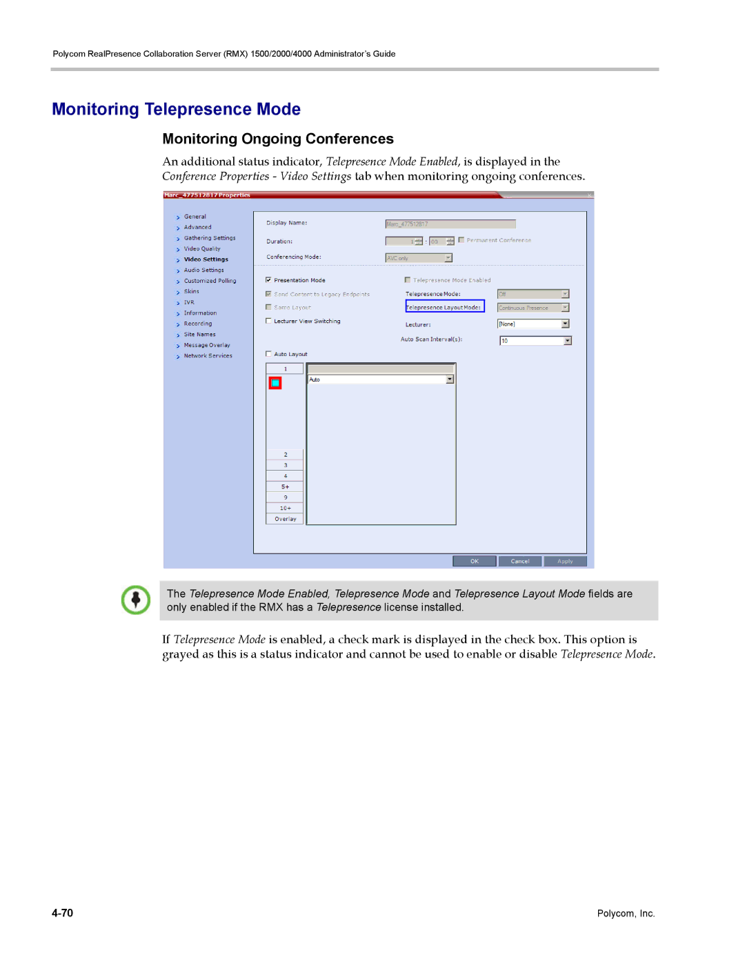 Polycom RMX 1500, DOC2702A manual Monitoring Telepresence Mode, Monitoring Ongoing Conferences 