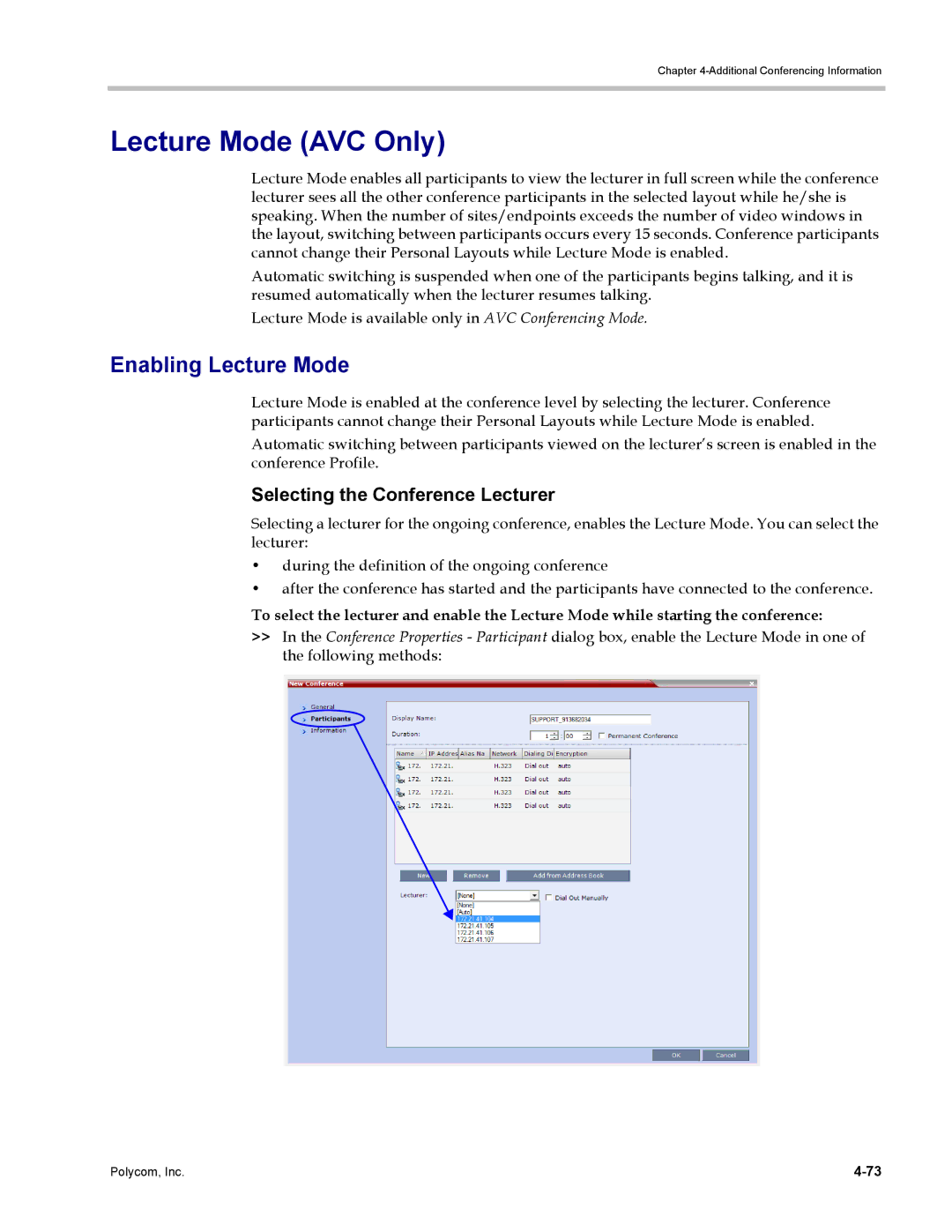 Polycom DOC2702A, RMX 1500 manual Lecture Mode AVC Only, Enabling Lecture Mode, Selecting the Conference Lecturer 