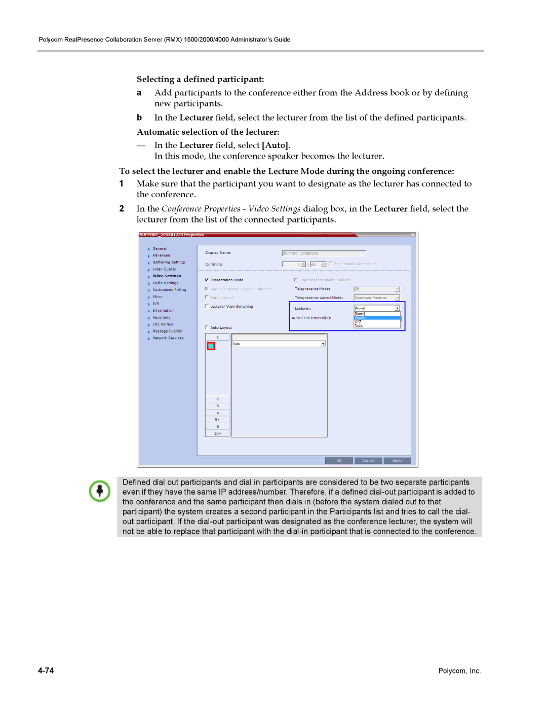 Polycom RMX 1500, DOC2702A manual Selecting a defined participant, Automatic selection of the lecturer 