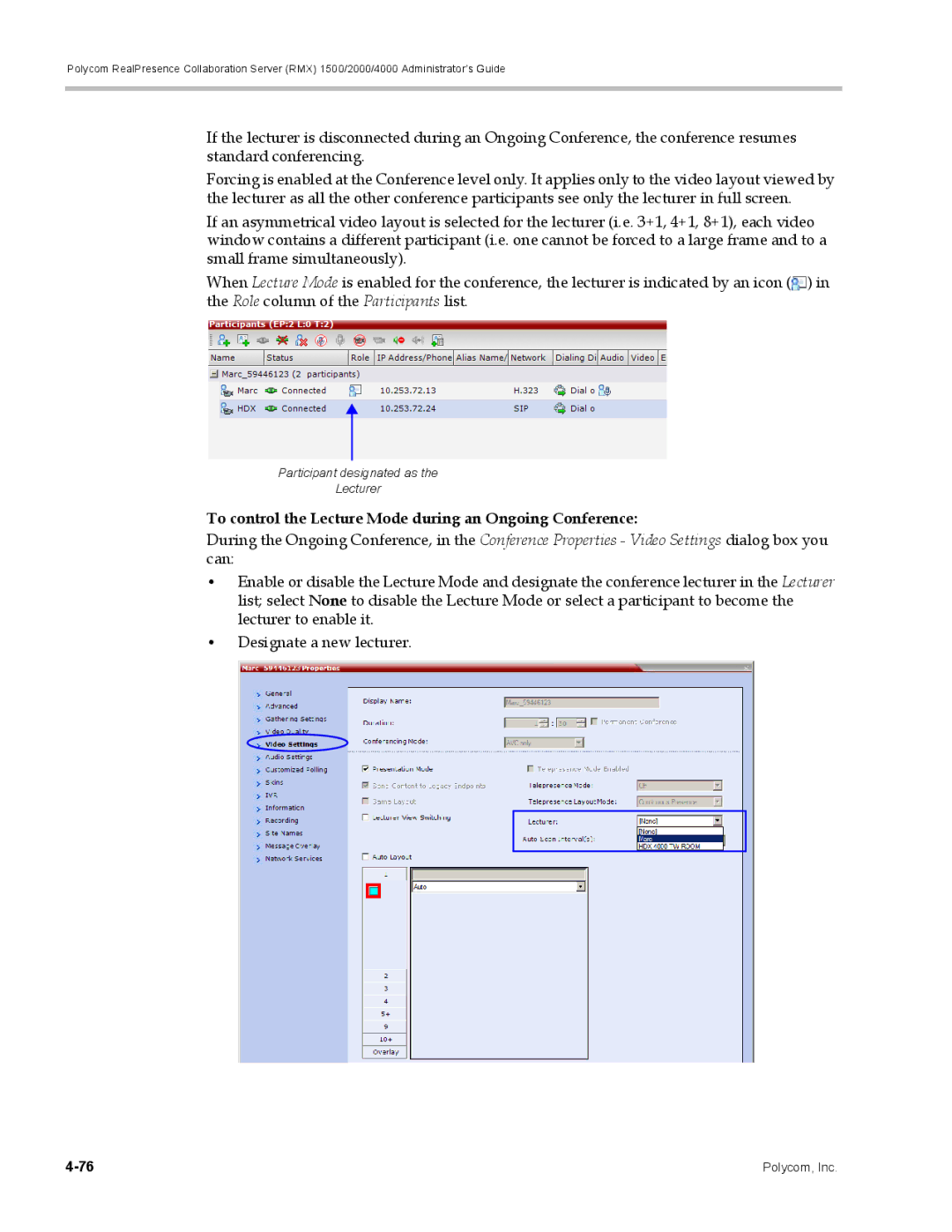 Polycom RMX 1500, DOC2702A manual To control the Lecture Mode during an Ongoing Conference 