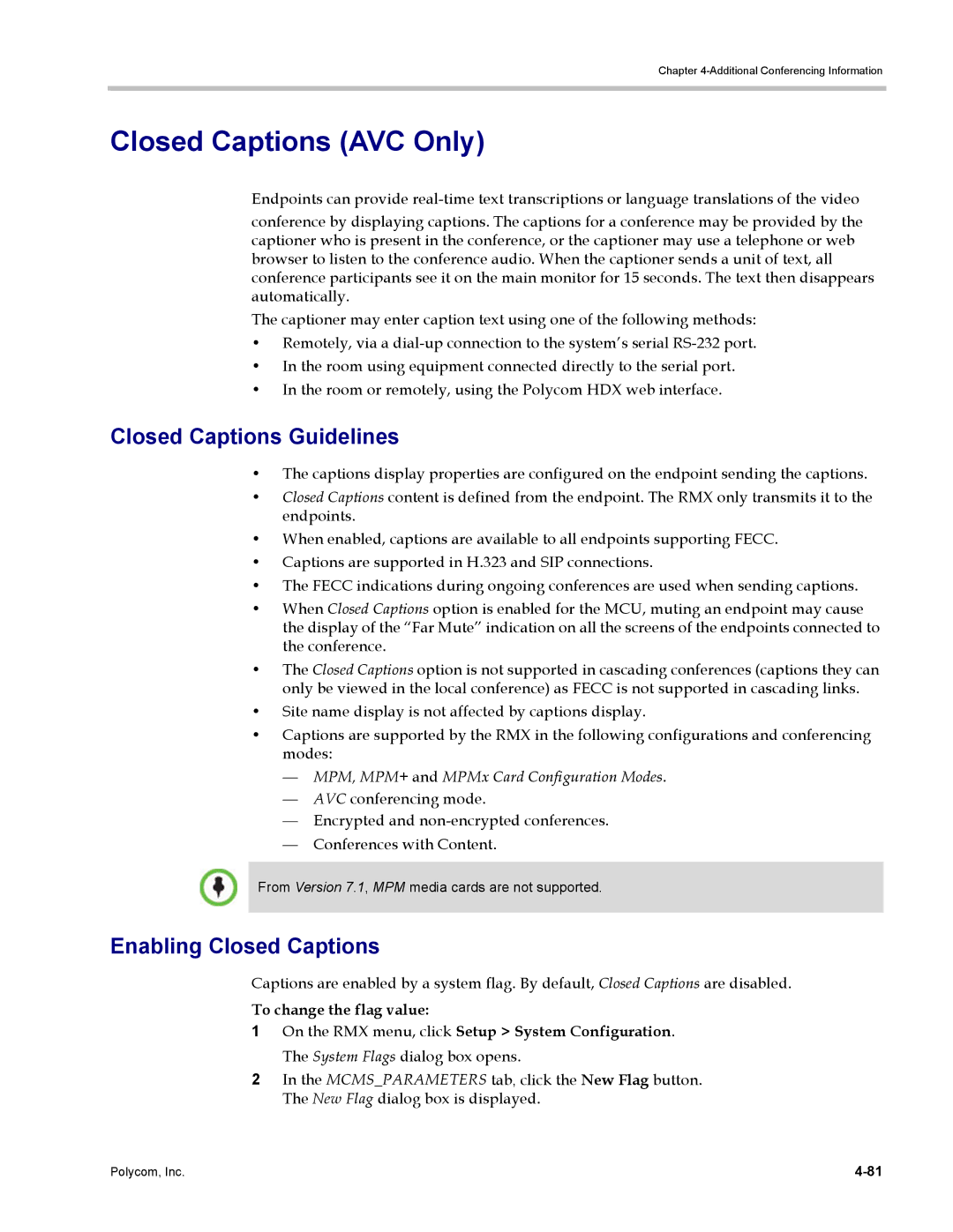 Polycom DOC2702A Closed Captions AVC Only, Closed Captions Guidelines, Enabling Closed Captions, To change the flag value 