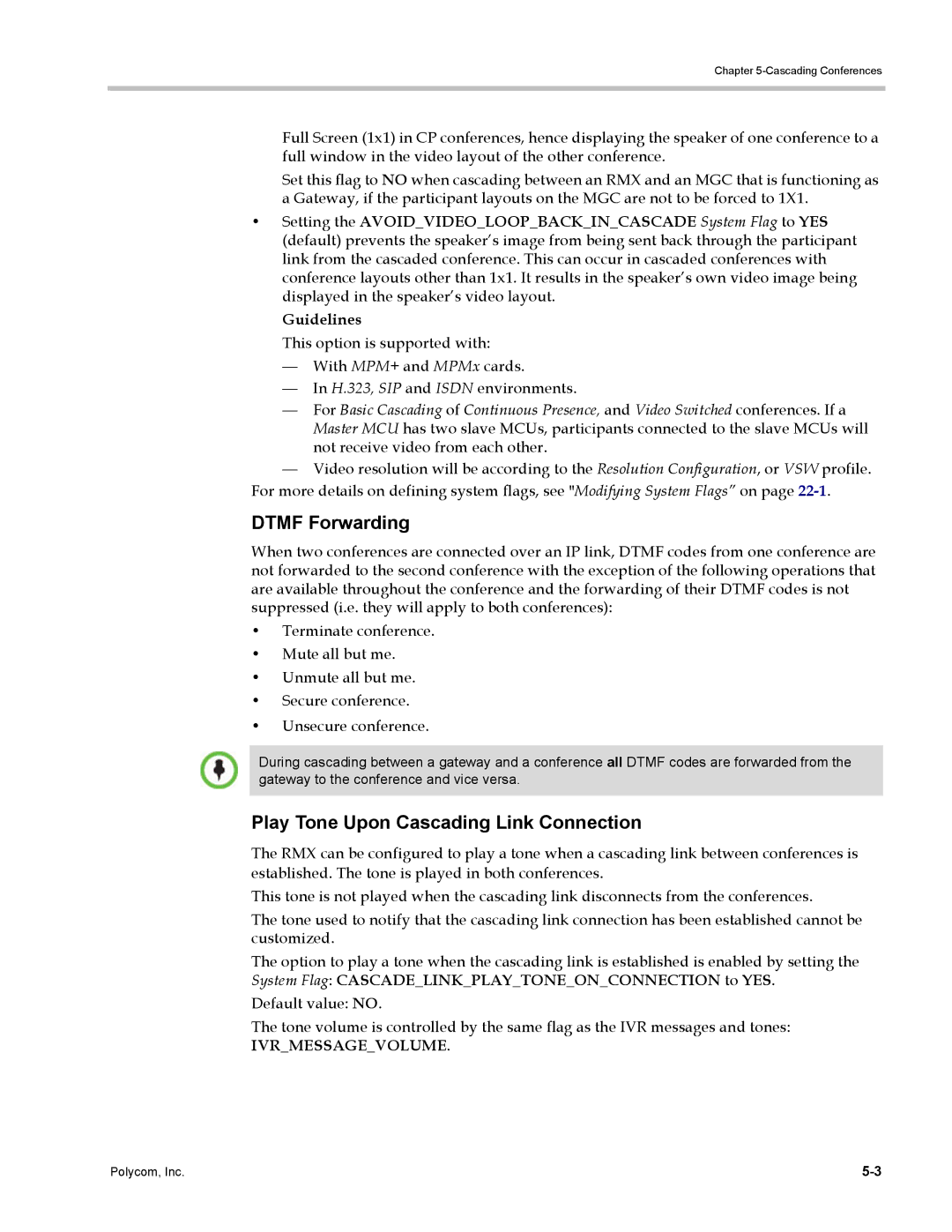 Polycom DOC2702A, RMX 1500 manual Dtmf Forwarding, Play Tone Upon Cascading Link Connection 