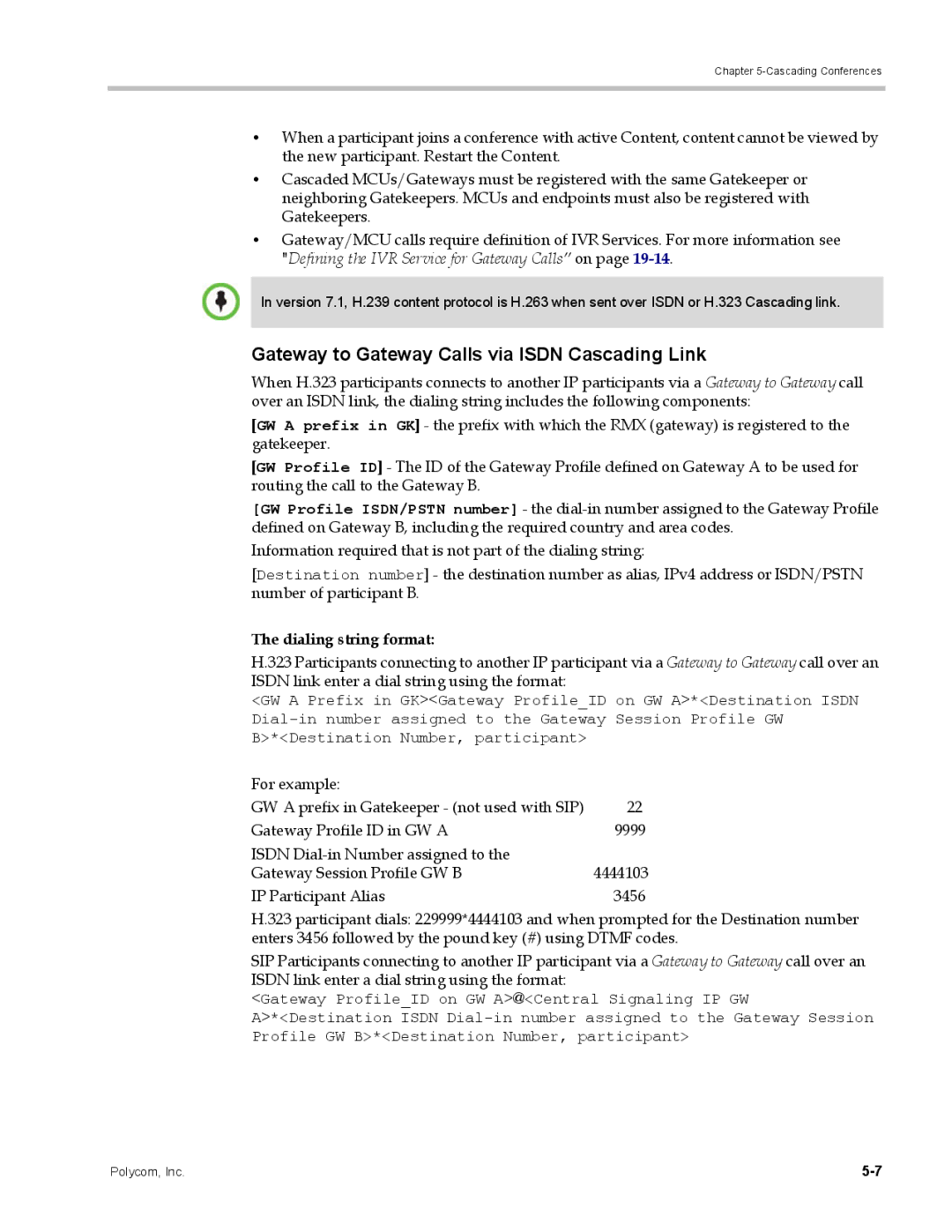 Polycom DOC2702A, RMX 1500 manual Gateway to Gateway Calls via Isdn Cascading Link, Dialing string format 