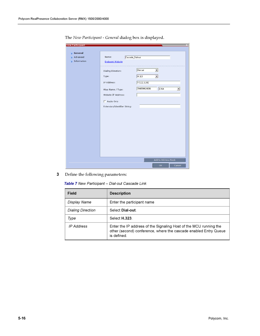 Polycom RMX 1500, DOC2702A manual New Participant Dial-out Cascade Link, Field Description 