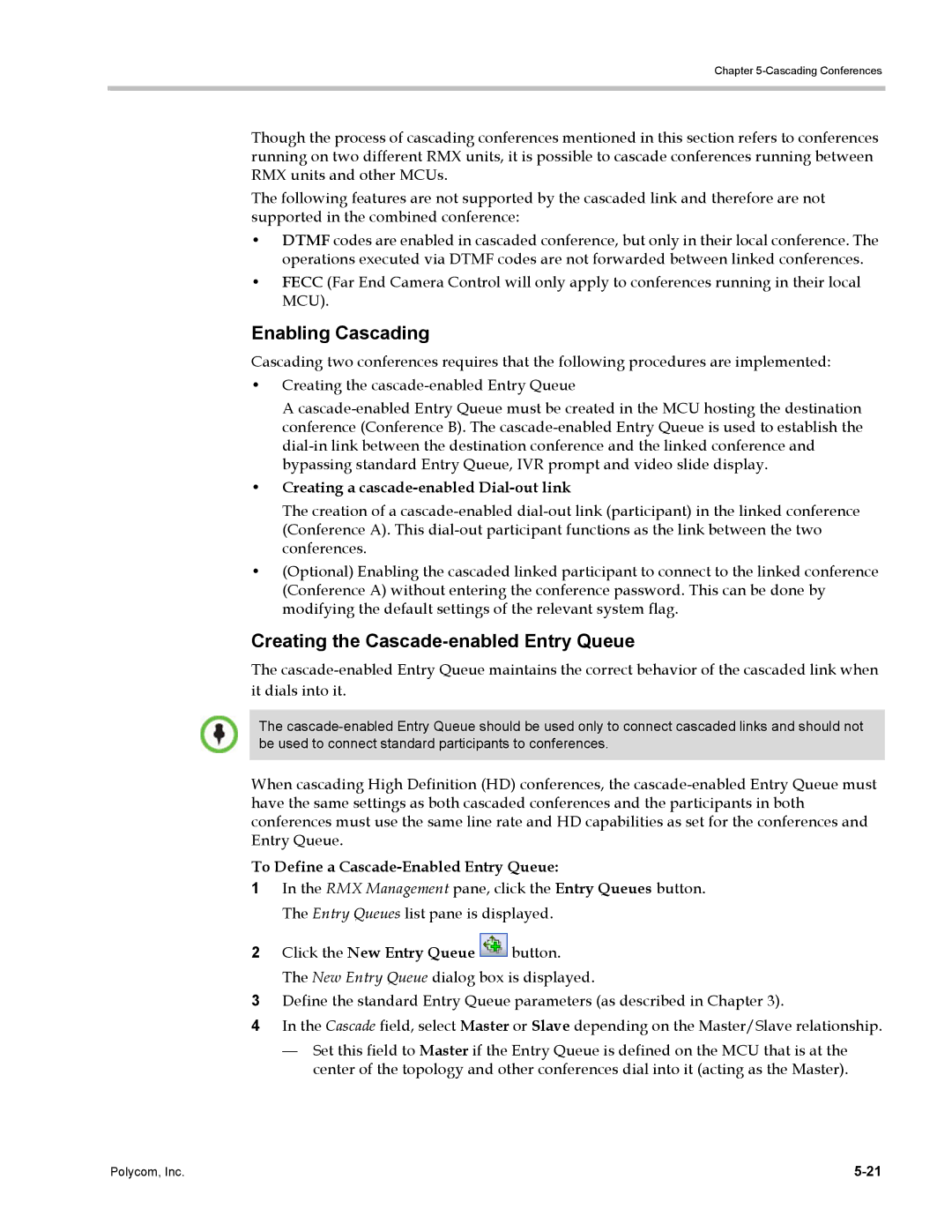 Polycom DOC2702A Enabling Cascading, Creating the Cascade-enabled Entry Queue, Creating a cascade-enabled Dial-out link 