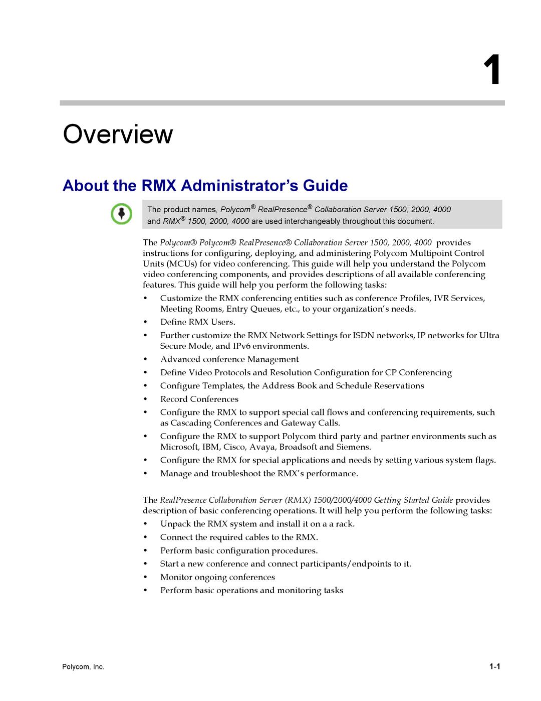 Polycom DOC2702A, RMX 1500 manual Overview, About the RMX Administrator’s Guide 