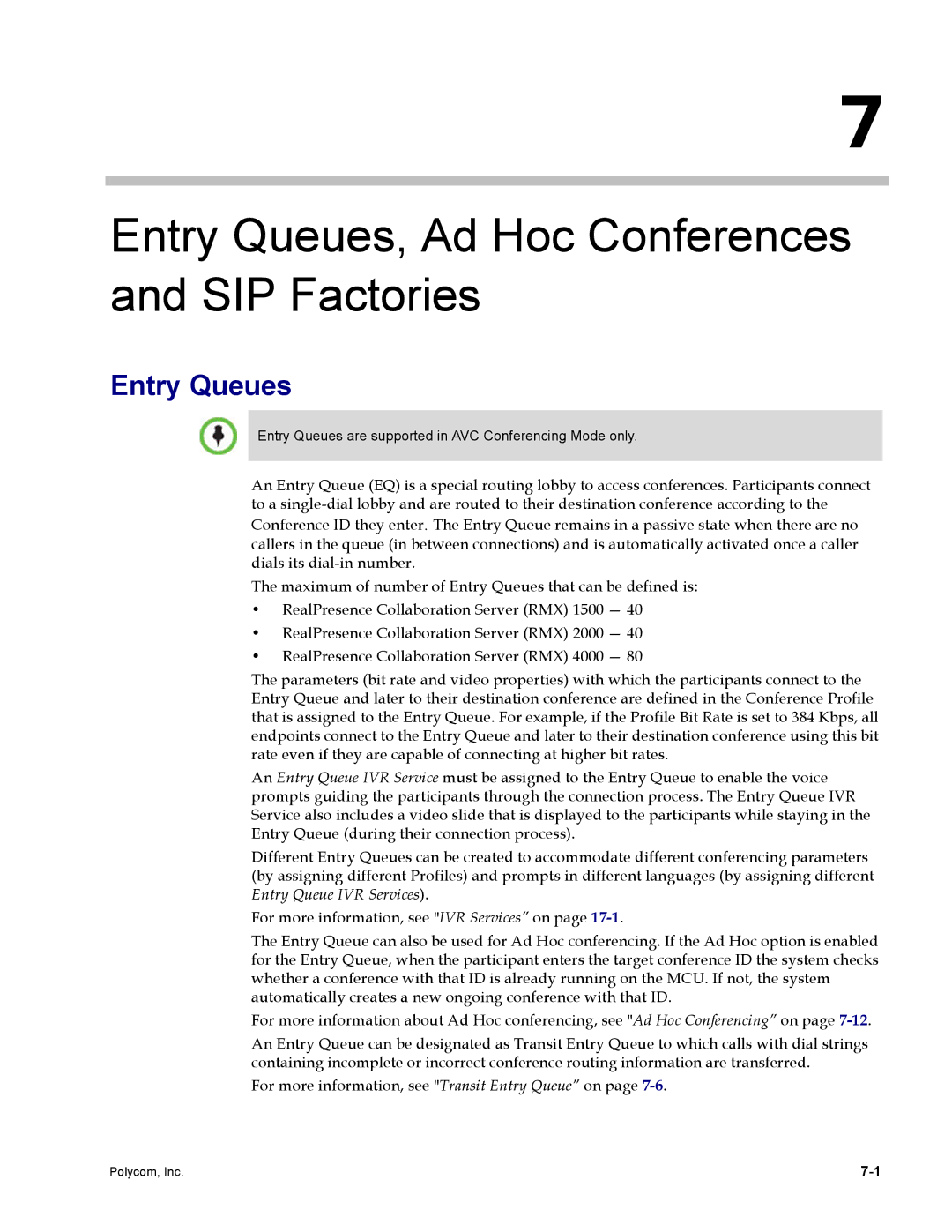 Polycom DOC2702A, RMX 1500 manual Entry Queues, Ad Hoc Conferences and SIP Factories 