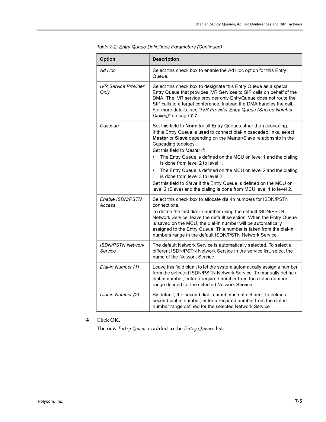 Polycom DOC2702A, RMX 1500 manual Click OK New Entry Queue is added to the Entry Queues list 