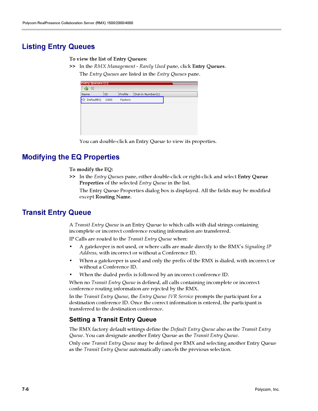 Polycom RMX 1500, DOC2702A manual Listing Entry Queues, Modifying the EQ Properties, Setting a Transit Entry Queue 