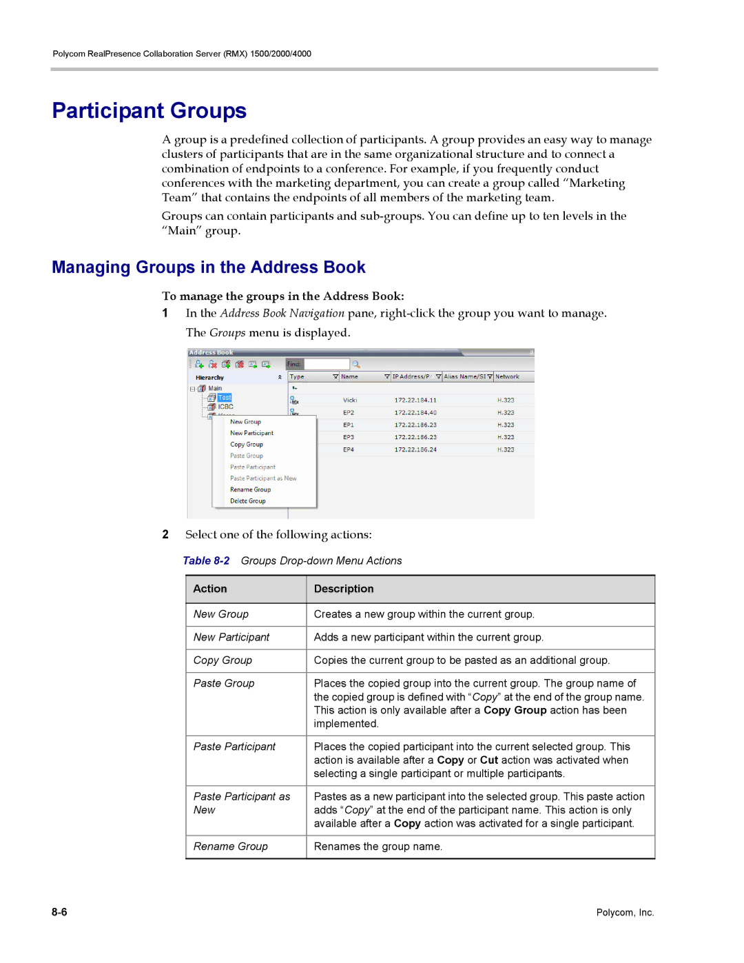 Polycom RMX 1500 manual Participant Groups, Managing Groups in the Address Book, To manage the groups in the Address Book 