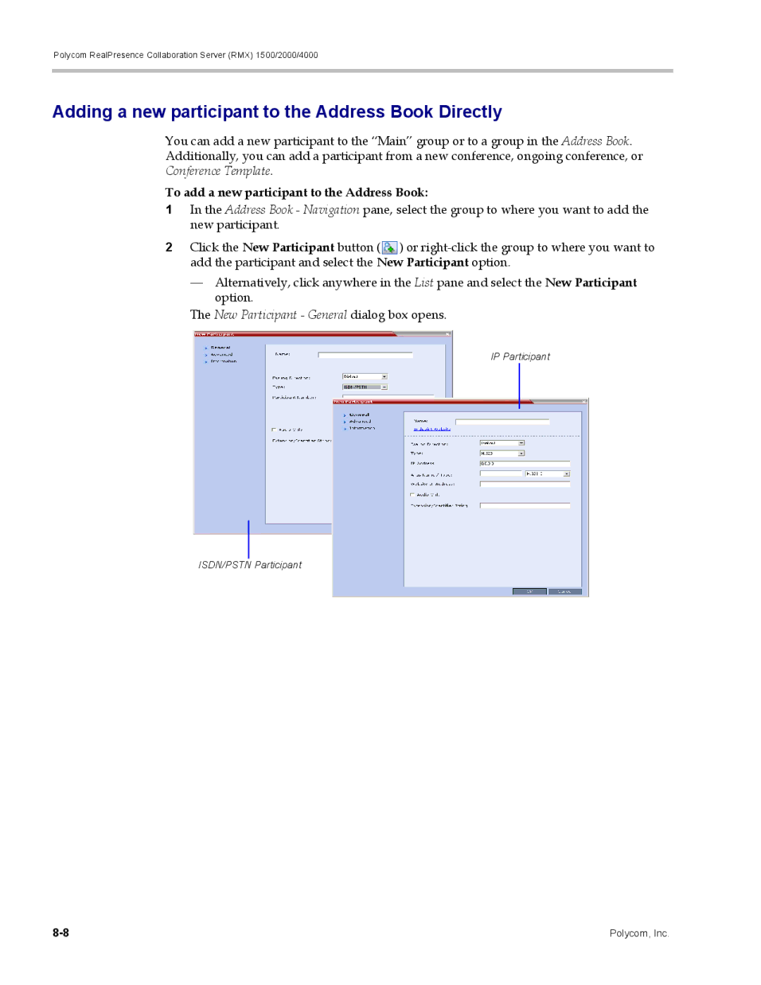 Polycom RMX 1500 manual Adding a new participant to the Address Book Directly, To add a new participant to the Address Book 