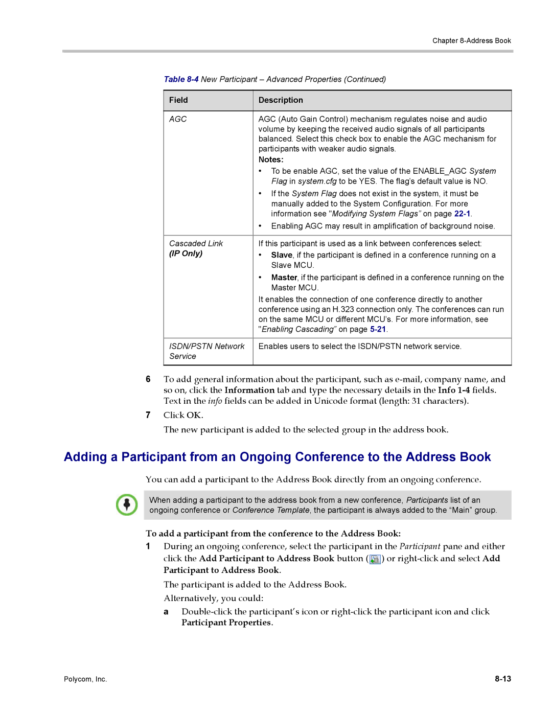 Polycom DOC2702A, RMX 1500 manual To add a participant from the conference to the Address Book, Agc 