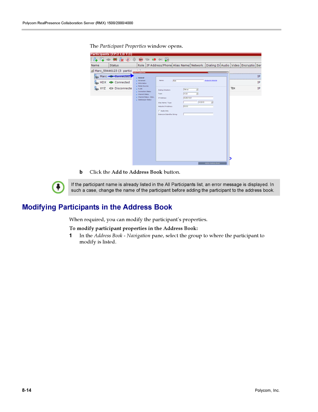 Polycom RMX 1500, DOC2702A manual Modifying Participants in the Address Book, Participant Properties window opens 