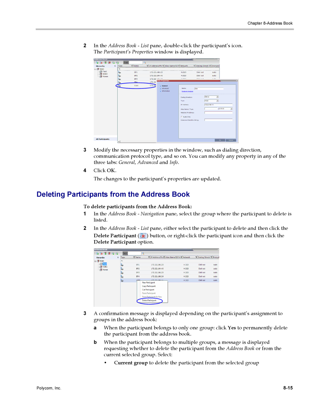 Polycom DOC2702A, RMX 1500 manual Deleting Participants from the Address Book, To delete participants from the Address Book 