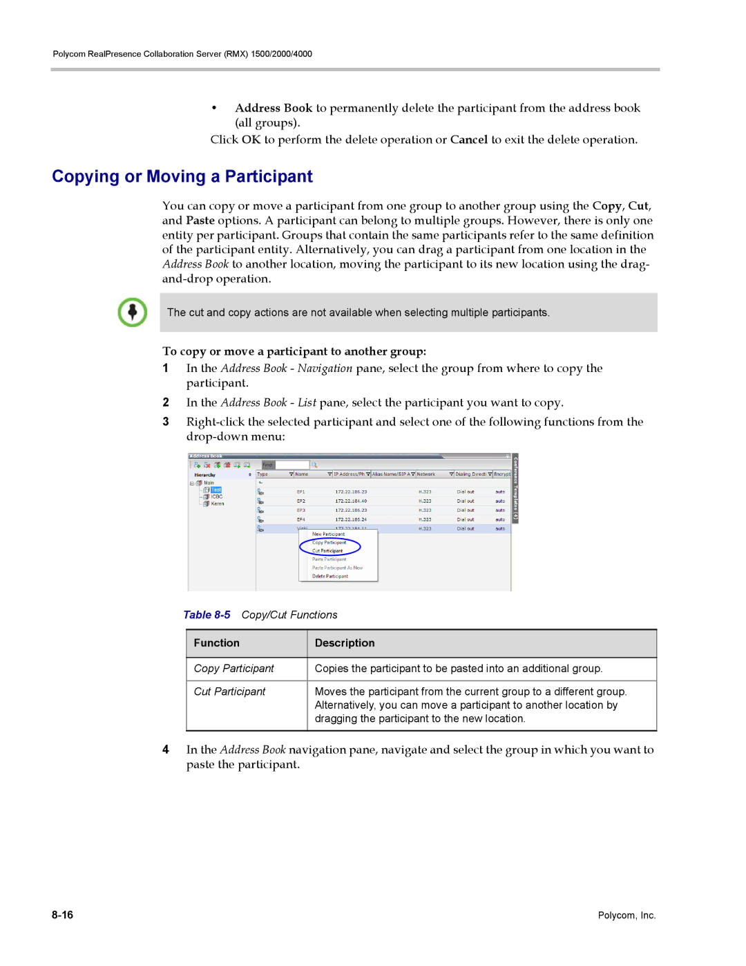 Polycom RMX 1500 Copying or Moving a Participant, To copy or move a participant to another group, 5Copy/Cut Functions 