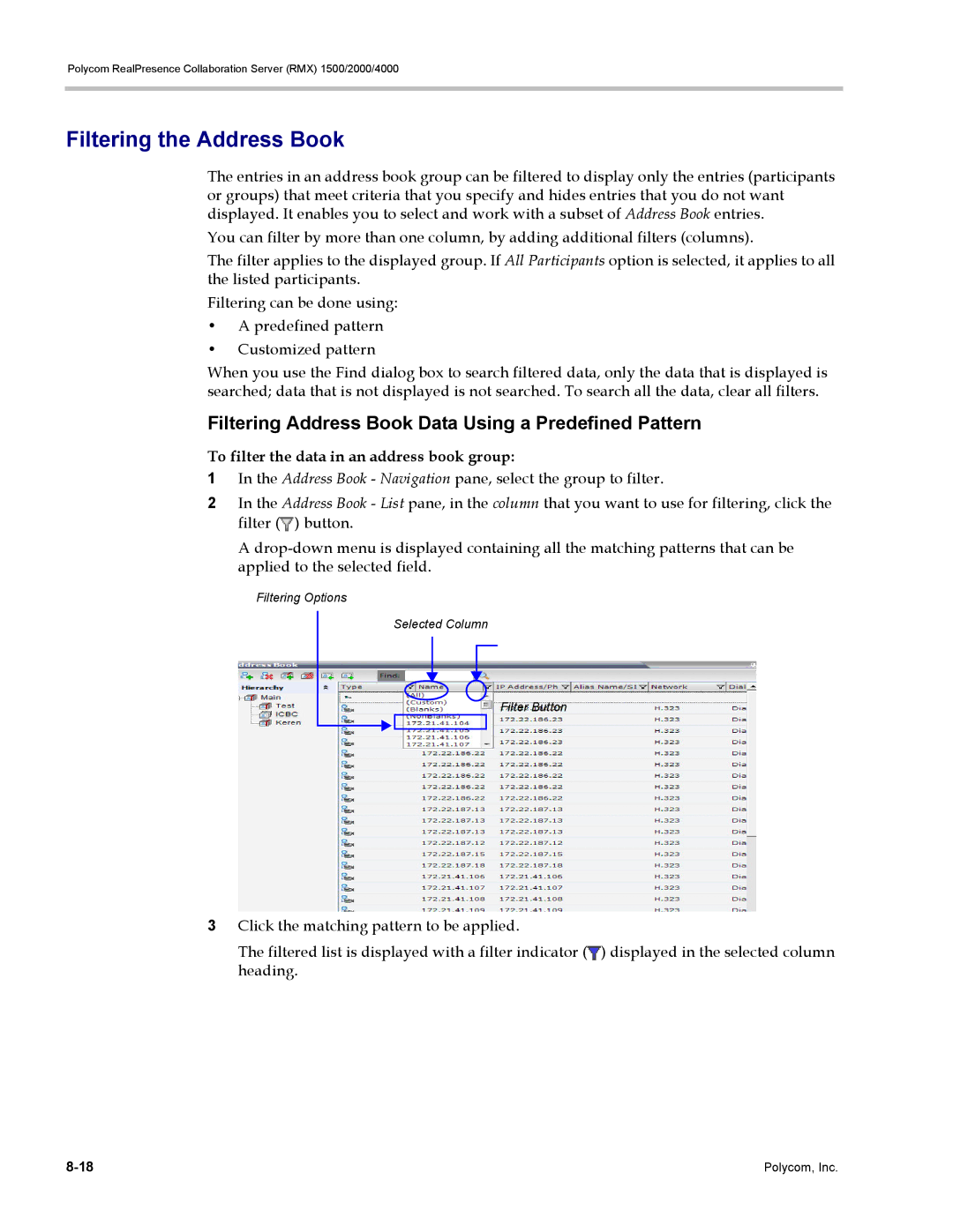 Polycom RMX 1500, DOC2702A manual Filtering the Address Book, Filtering Address Book Data Using a Predefined Pattern 