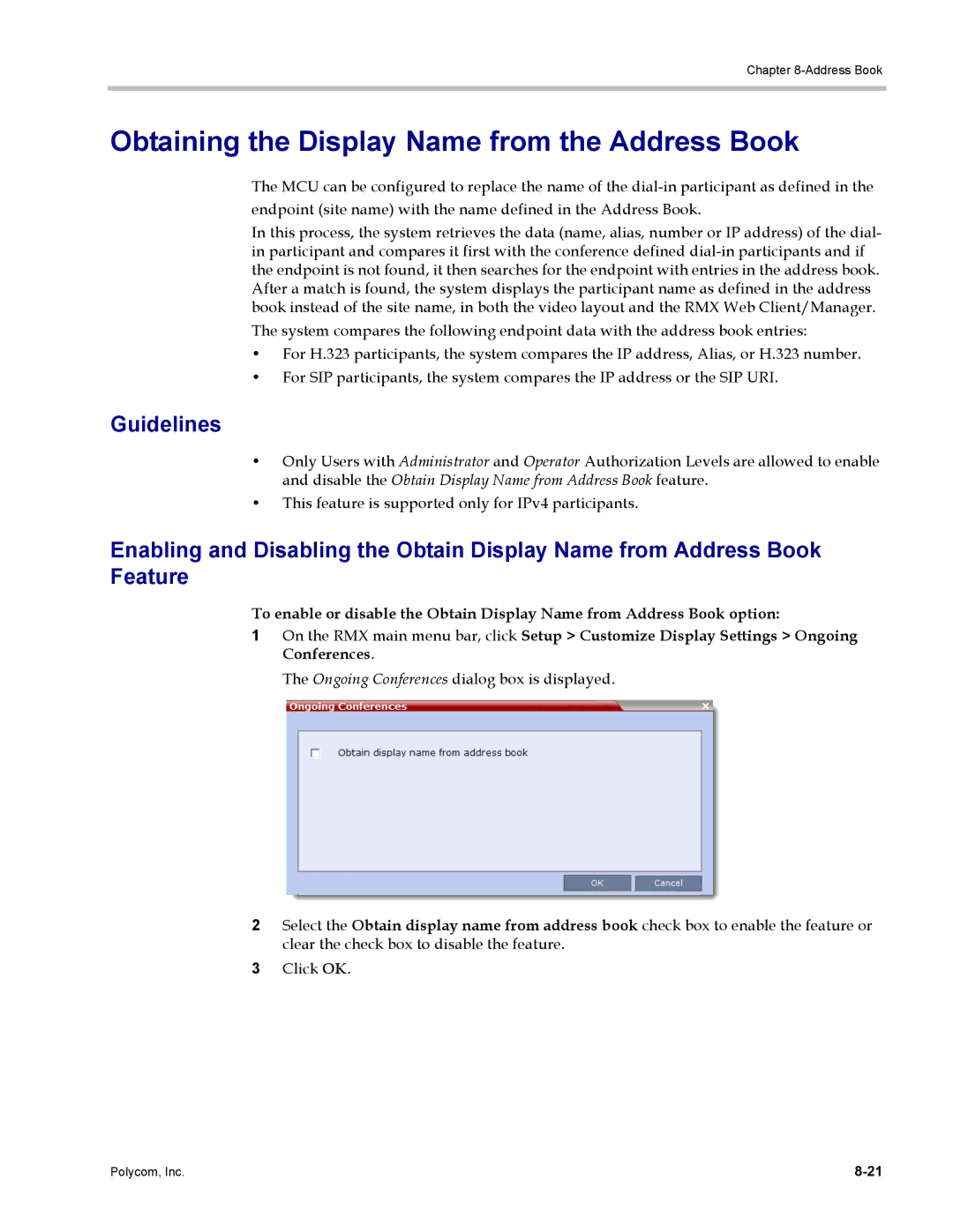 Polycom DOC2702A, RMX 1500 manual Obtaining the Display Name from the Address Book, Guidelines 