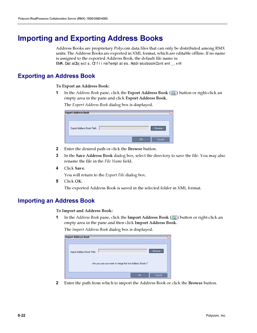 Polycom RMX 1500, DOC2702A Importing and Exporting Address Books, Exporting an Address Book, Importing an Address Book 