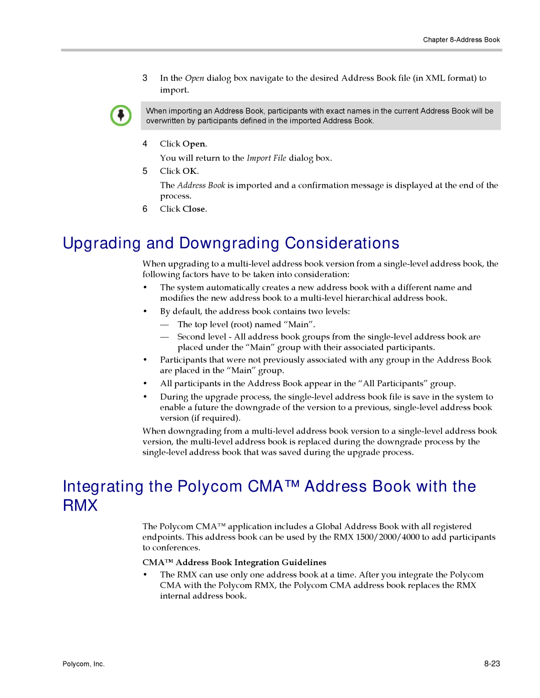 Polycom DOC2702A, RMX 1500 manual Upgrading and Downgrading Considerations, Integrating the Polycom CMA Address Book with 