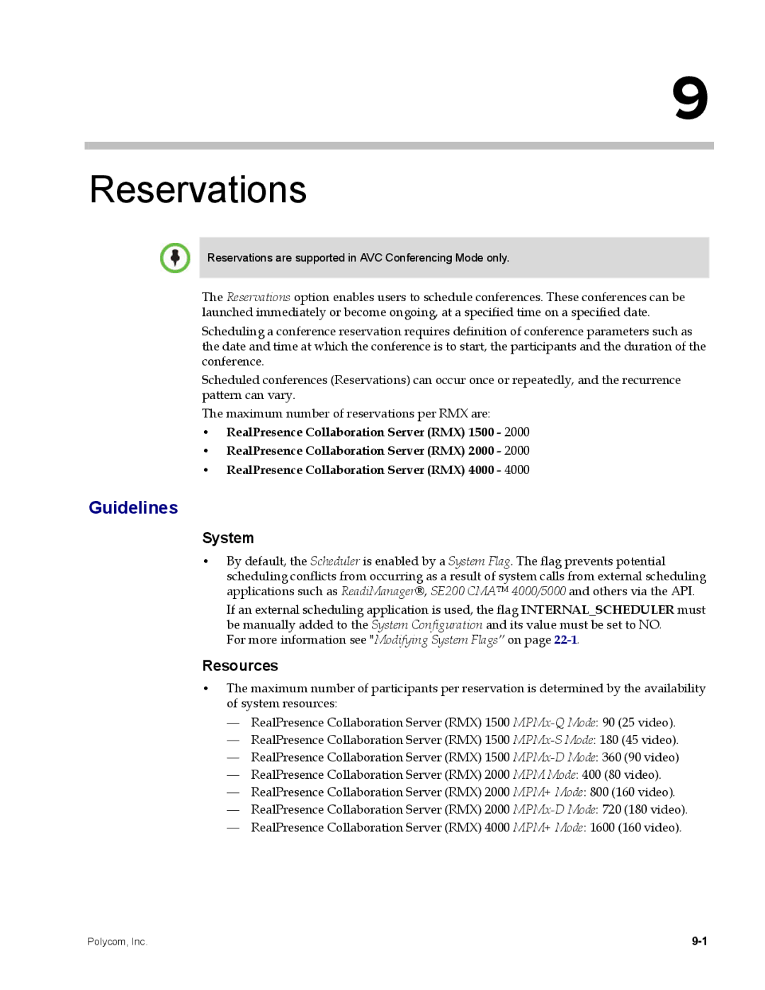 Polycom DOC2702A, RMX 1500 manual Reservations, System, Resources 