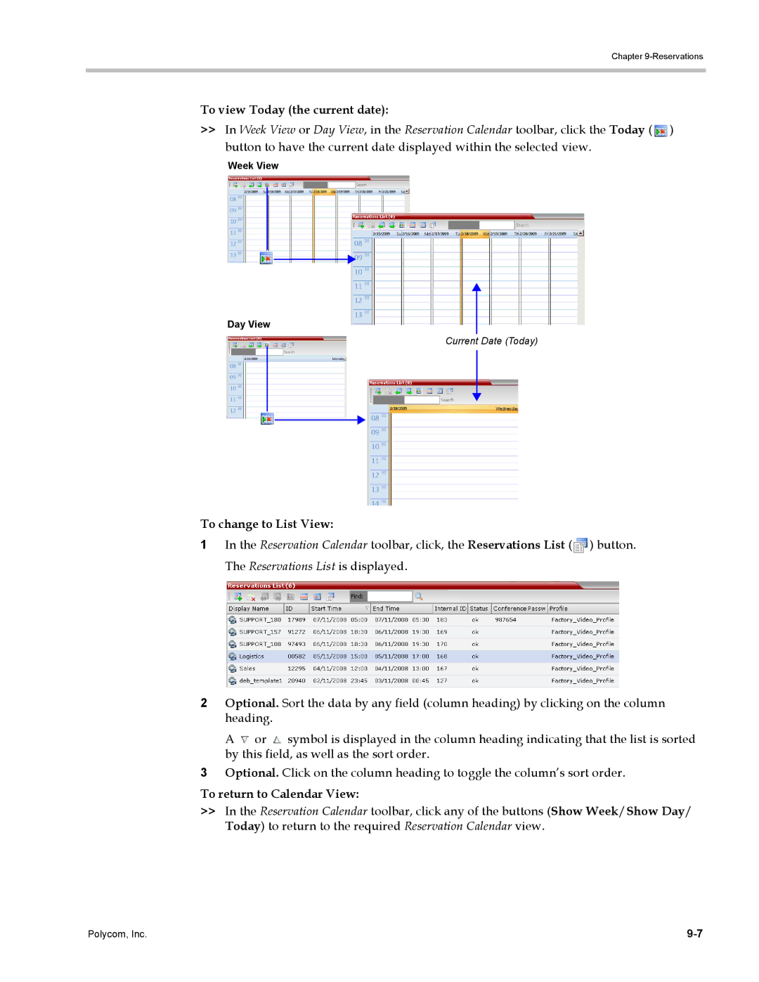 Polycom DOC2702A, RMX 1500 manual To view Today the current date, To change to List View, To return to Calendar View 