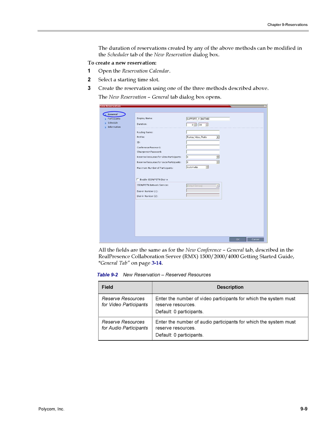 Polycom DOC2702A, RMX 1500 To create a new reservation, Open the Reservation Calendar, 2New Reservation Reserved Resources 