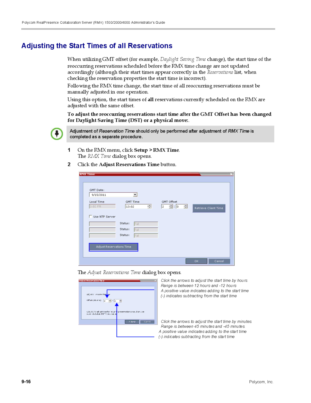 Polycom RMX 1500, DOC2702A manual Adjusting the Start Times of all Reservations, Click the Adjust Reservations Time button 