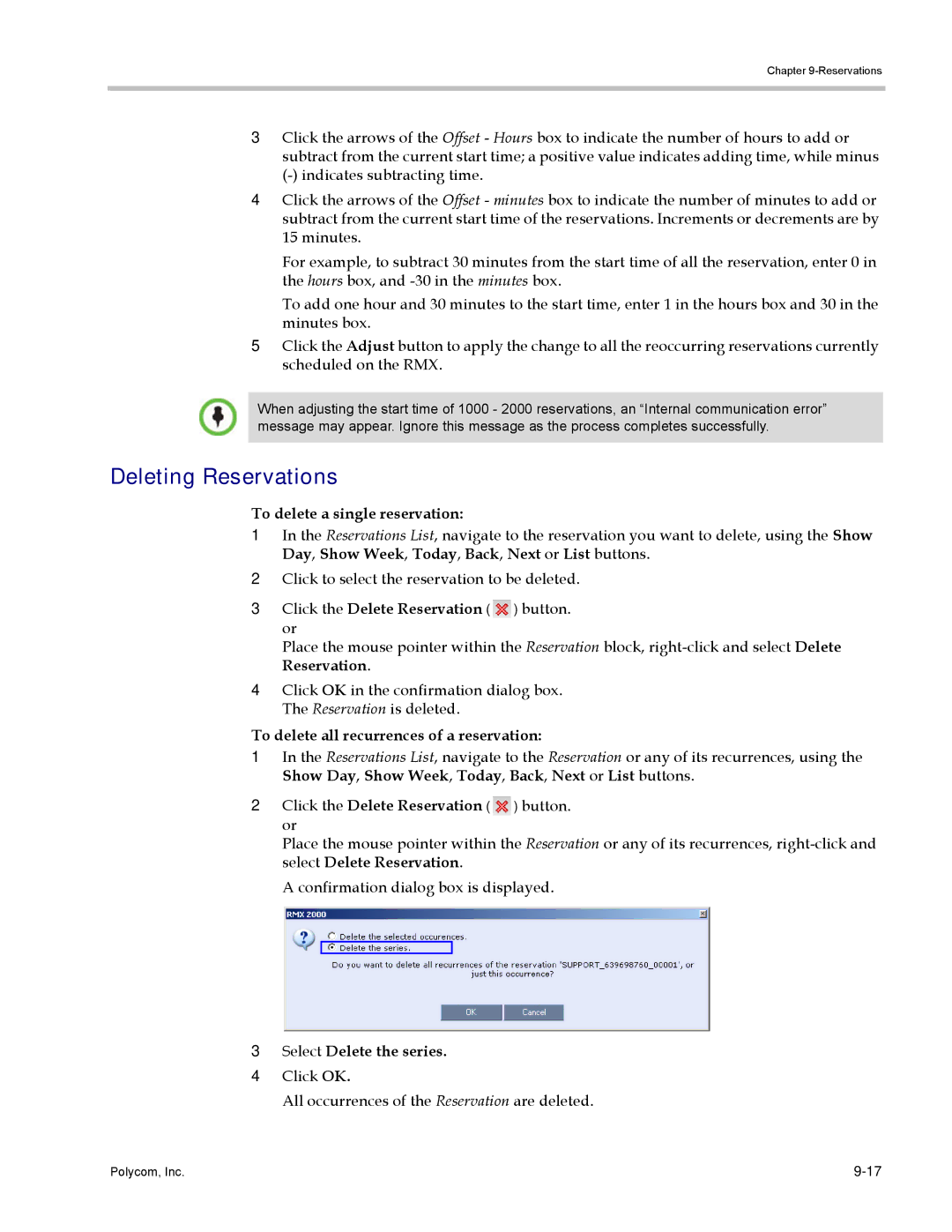 Polycom DOC2702A manual Deleting Reservations, To delete a single reservation, To delete all recurrences of a reservation 