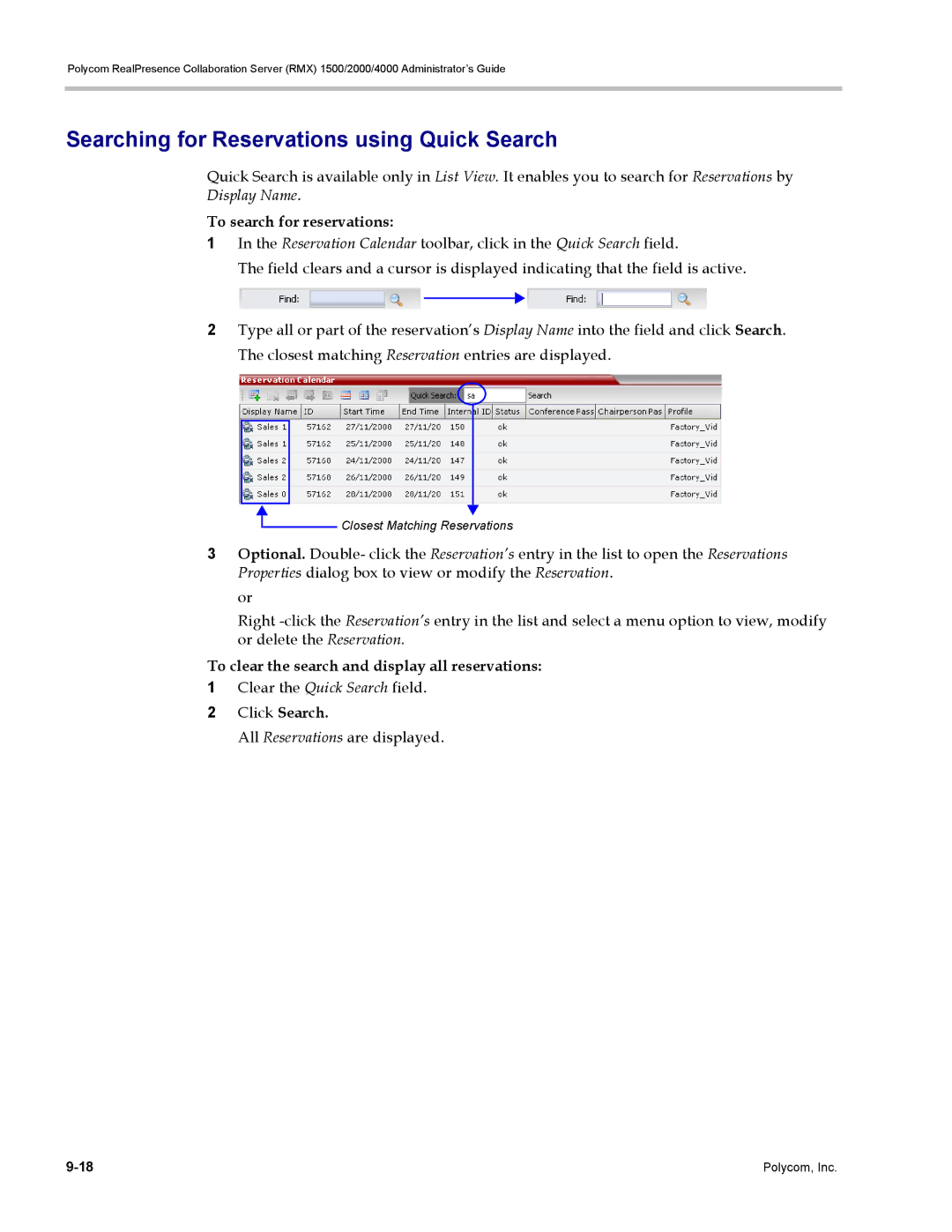 Polycom RMX 1500, DOC2702A manual Searching for Reservations using Quick Search, To search for reservations, Click Search 