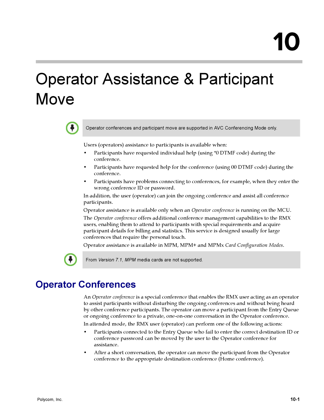 Polycom DOC2702A, RMX 1500 manual Operator Assistance & Participant Move, Operator Conferences, 10-1 