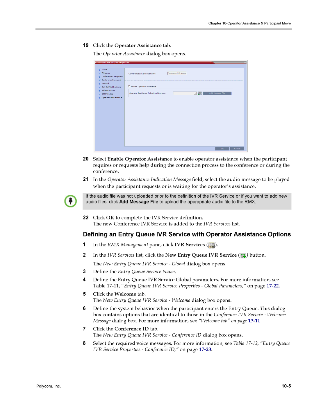 Polycom DOC2702A, RMX 1500 manual Click the Operator Assistance tab, Define the Entry Queue Service Name, 10-5 