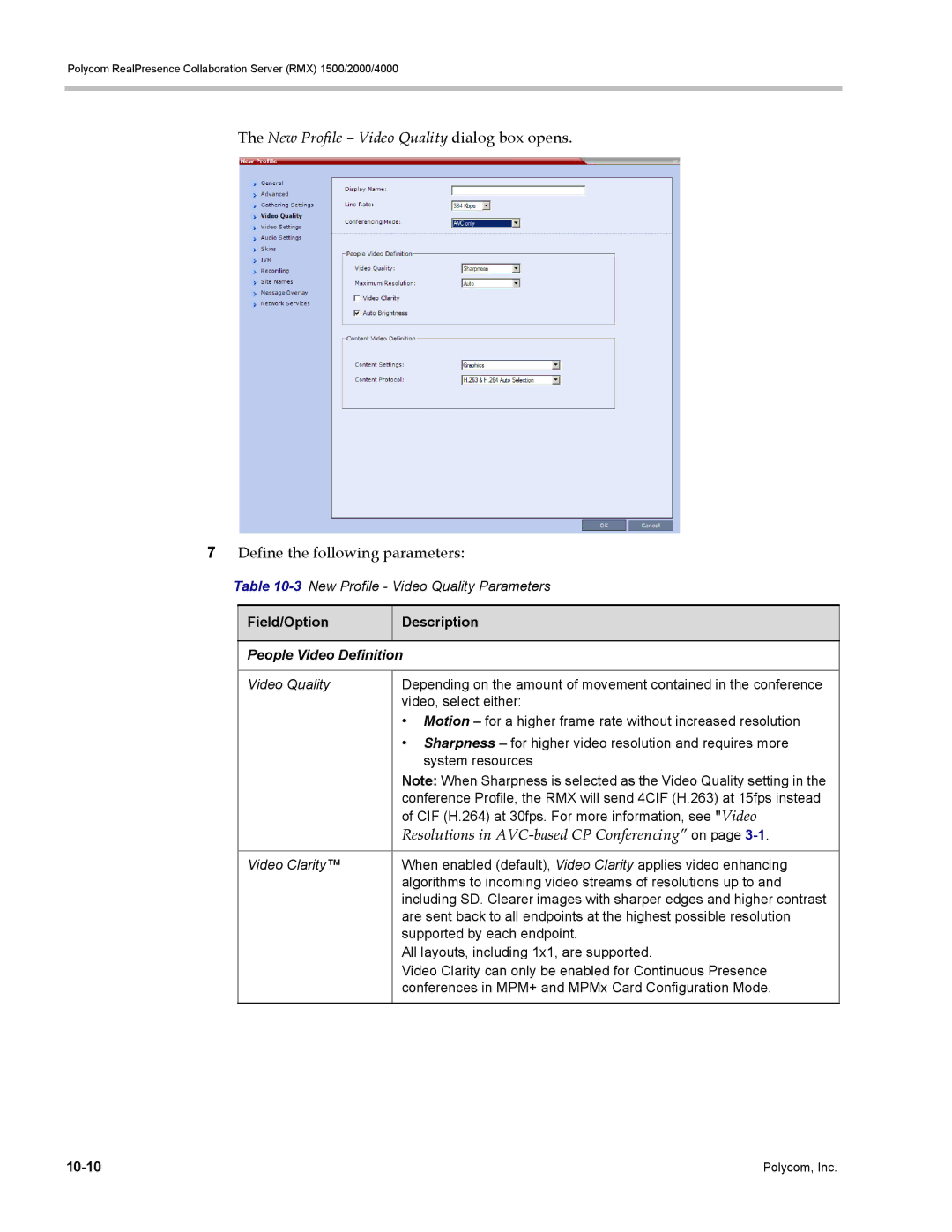 Polycom RMX 1500, DOC2702A manual Resolutions in AVC-based CP Conferencing on, 3New Profile Video Quality Parameters 