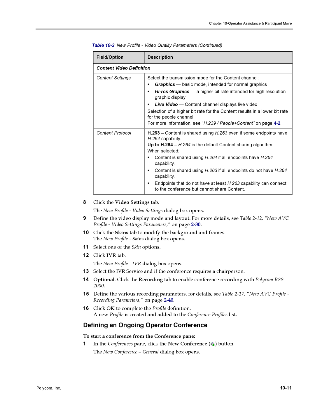 Polycom DOC2702A, RMX 1500 Defining an Ongoing Operator Conference, To start a conference from the Conference pane, 10-11 