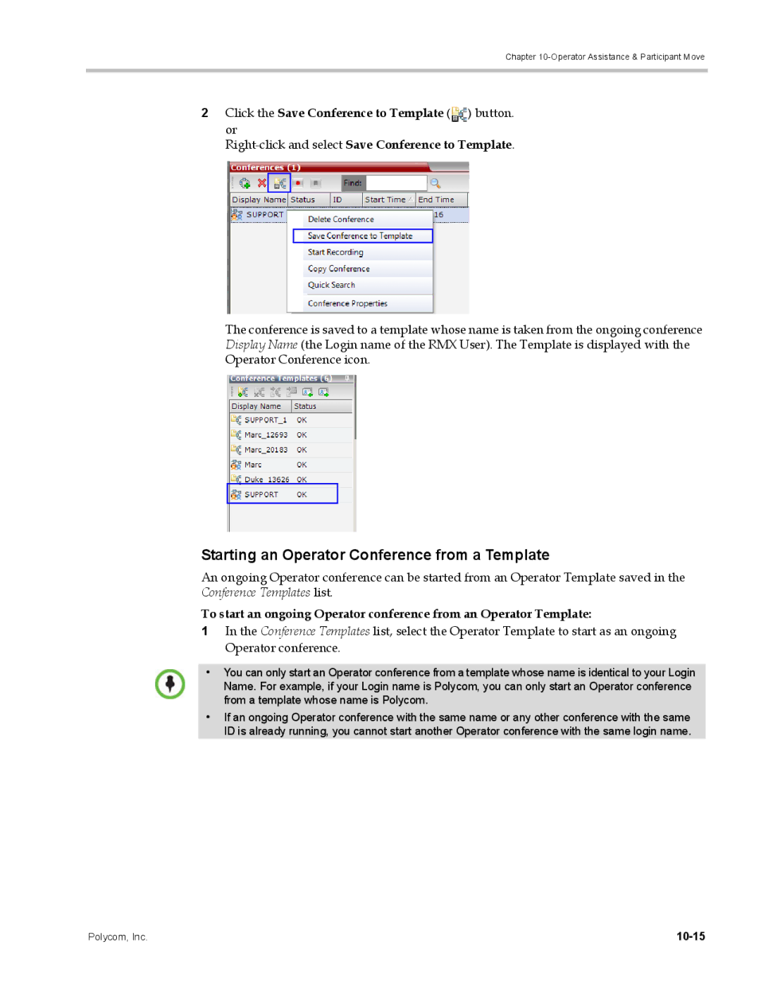 Polycom DOC2702A Starting an Operator Conference from a Template, Click the Save Conference to Template button. or, 10-15 