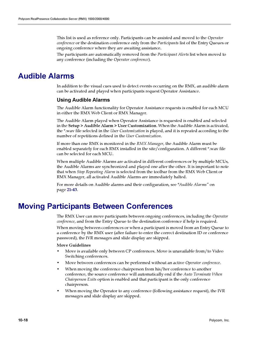 Polycom RMX 1500, DOC2702A manual Moving Participants Between Conferences, Using Audible Alarms, Move Guidelines 