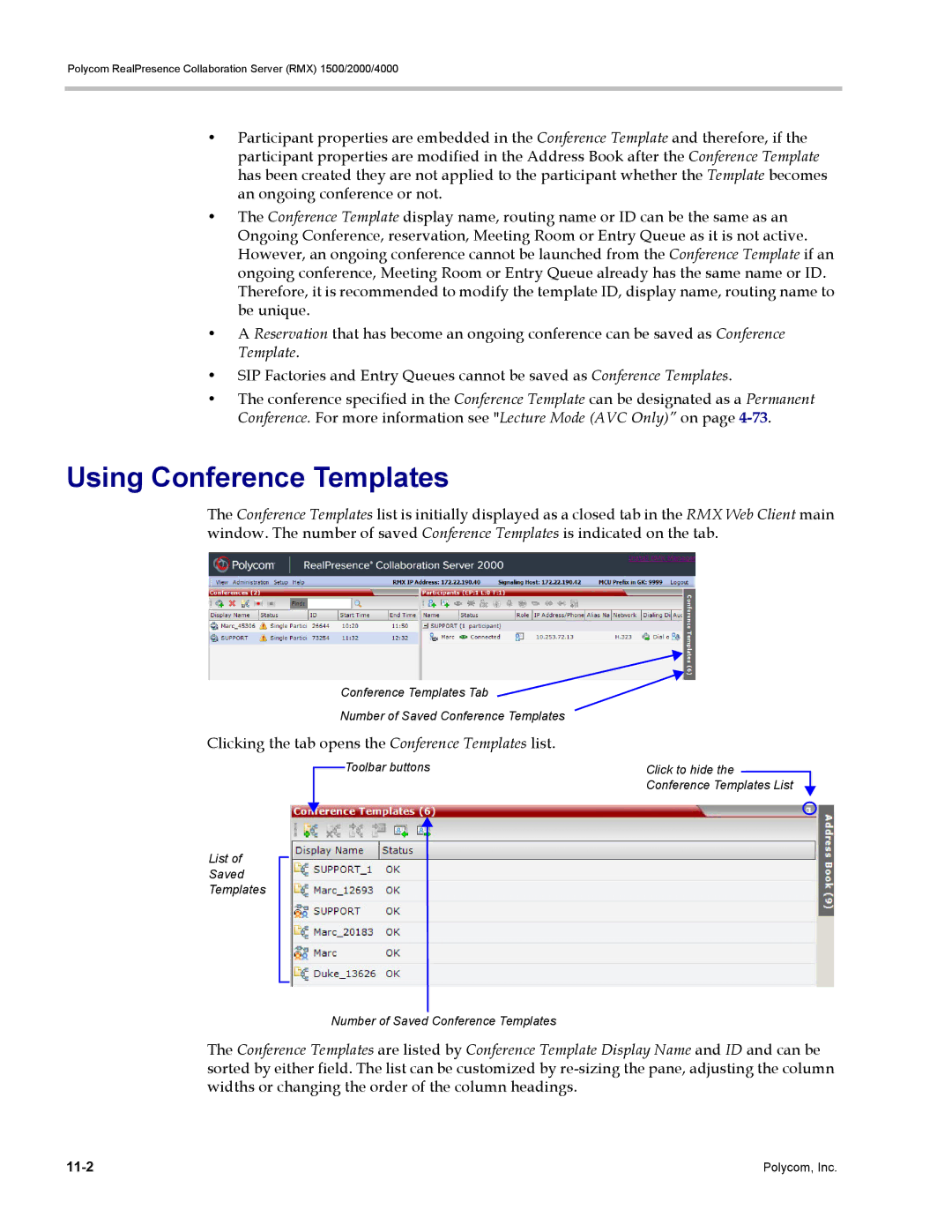 Polycom RMX 1500, DOC2702A manual Using Conference Templates, Clicking the tab opens the Conference Templates list 