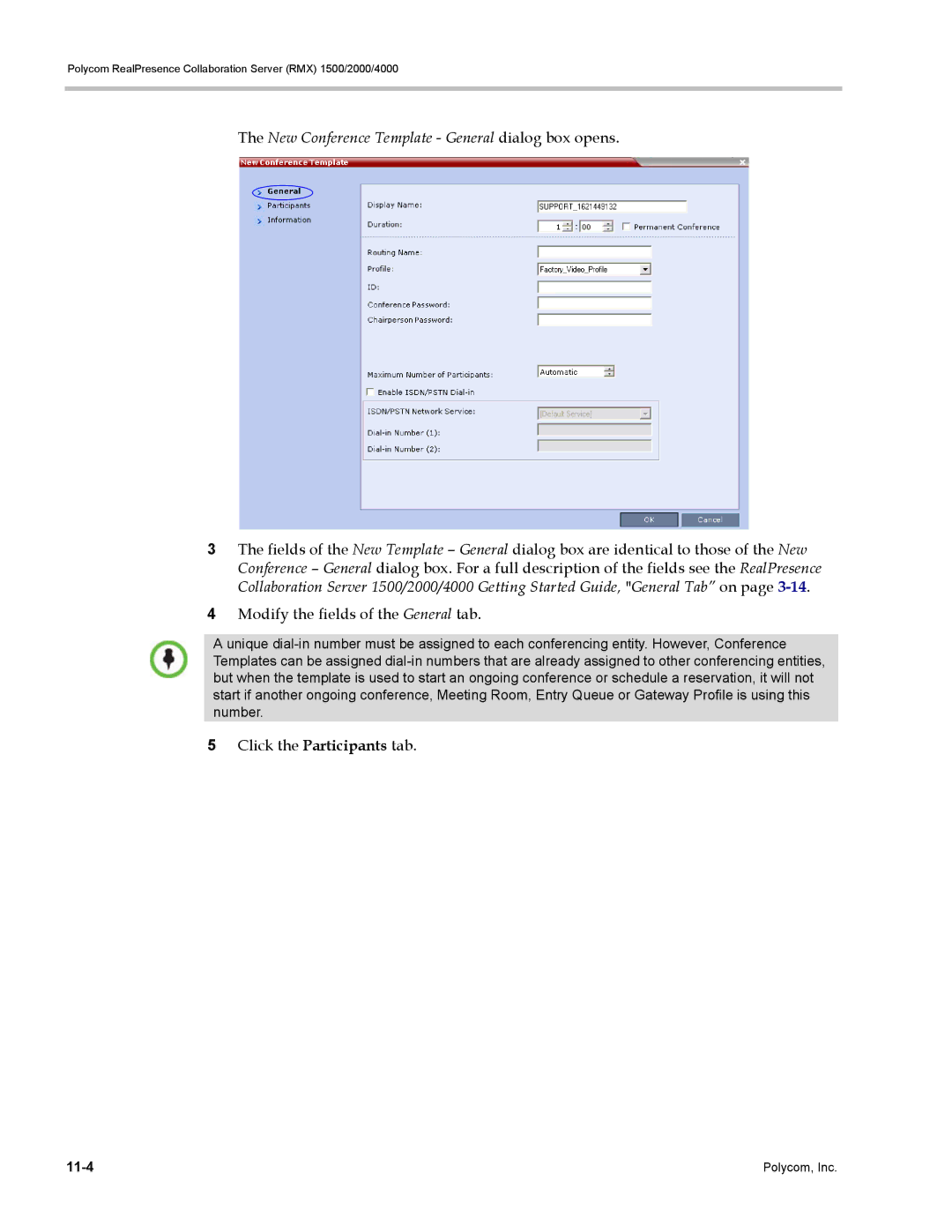 Polycom RMX 1500, DOC2702A manual New Conference Template General dialog box opens, Click the Participants tab 