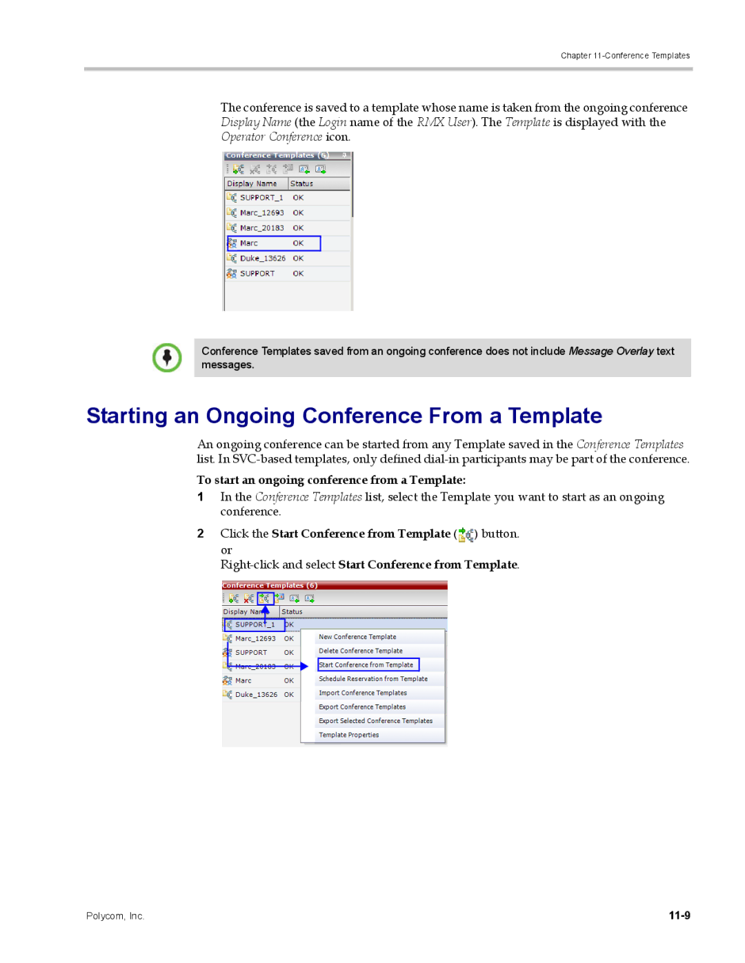 Polycom DOC2702A Starting an Ongoing Conference From a Template, To start an ongoing conference from a Template, 11-9 